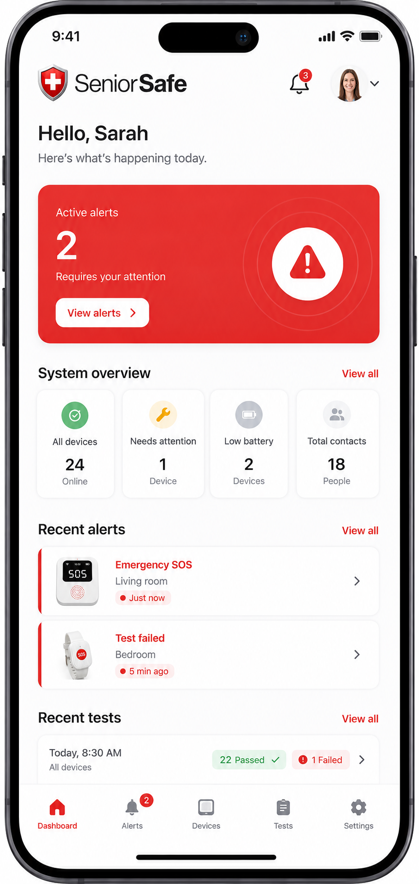 Senior Safe family dashboard showing alerts and devices