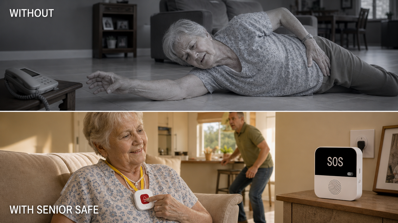 Without Senior Safe vs With Senior Safe — fallen senior alone vs senior pressing call button while family rushes in
