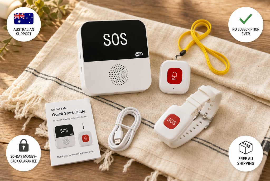 Senior Safe kit with Australian support, no subscription, 30-day money-back and free shipping badges