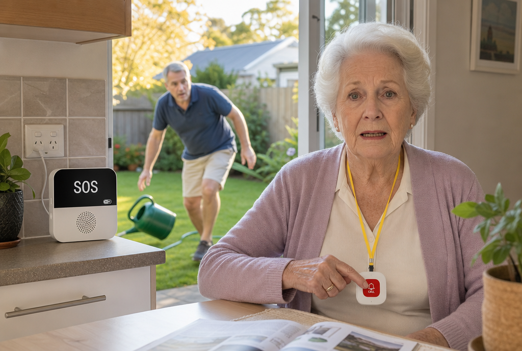 Senior pressing the Senior Safe pendant button while her husband rushes in from the garden