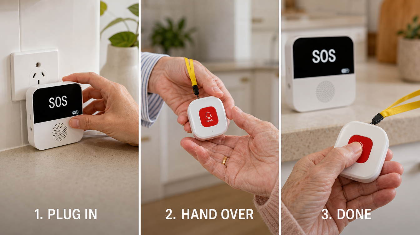 Three steps to set up Senior Safe — plug in the base, hand over the button, press once to test